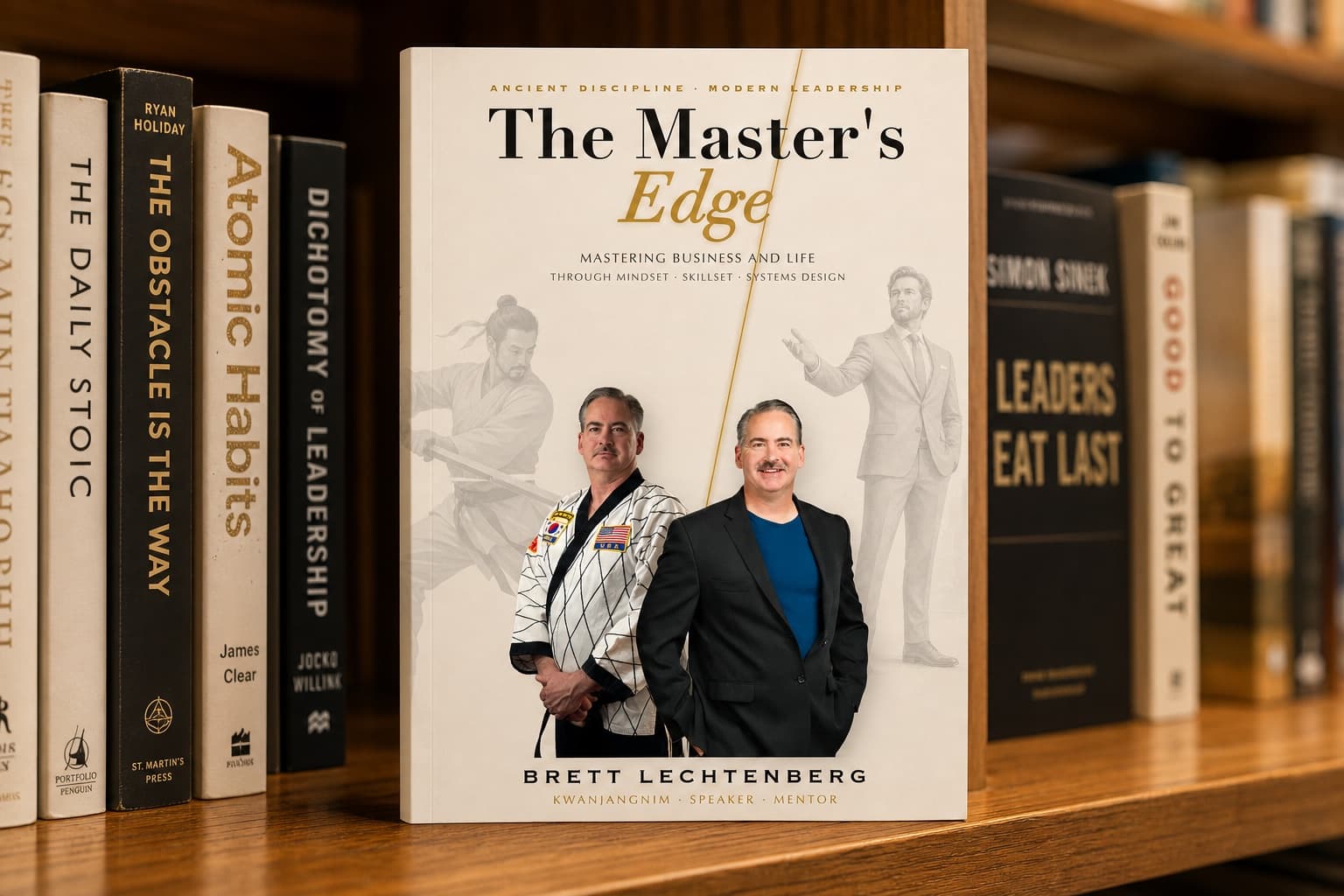 The Master's Edge hardcover on a bookstore shelf beside Atomic Habits and Leaders Eat Last